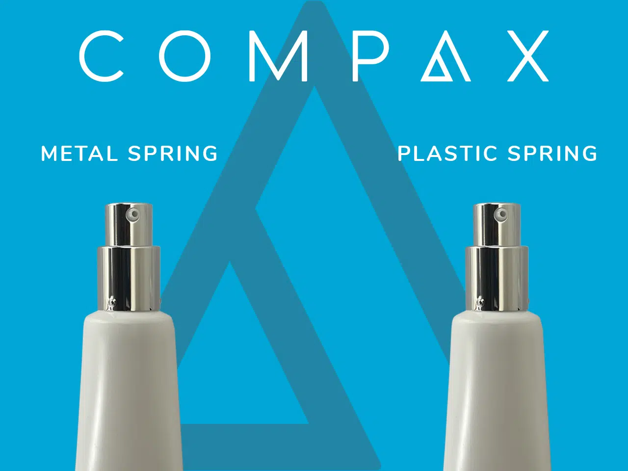 A promotional image for COMPAX featuring two pump bottles with metal springs on the left and plastic springs on the right. The background is blue with the COMPAX logo at the top and a large, transparent triangular shape in the center.