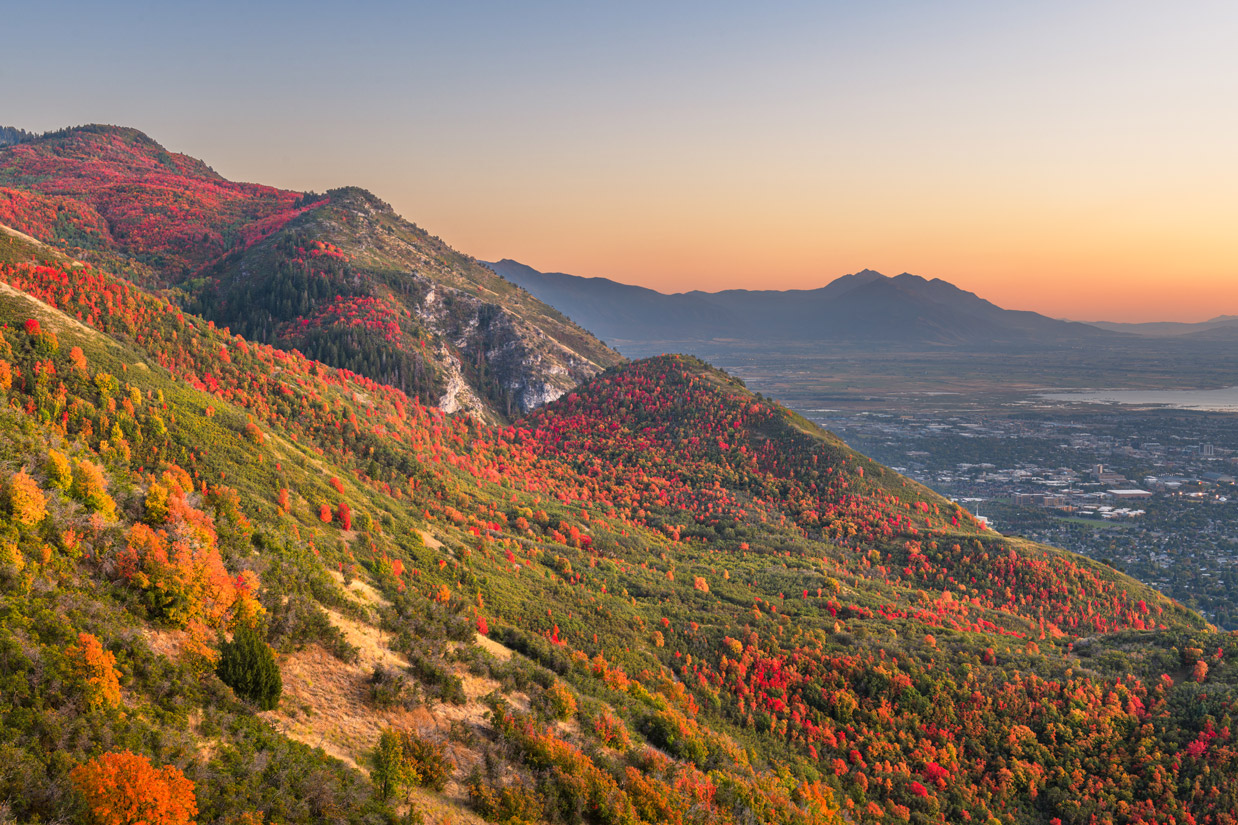 A picturesque landscape featuring rolling hills covered in lush greenery and vibrant autumn foliage in shades of red, orange, and yellow. The foreground displays a dense forest, while a distant valley includes a cityscape under a clear, softly glowing sunset sky.
