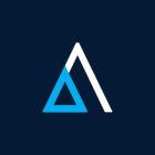 A modern logo with a dark blue background featuring a white and blue stylized triangle design. The blue triangle intersects with a larger white triangle, forming an abstract mountain-like shape.