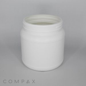 An empty, white plastic jar with a wide opening and no cap against a light gray background. The jar has a smooth surface and is cylindrical in shape. The word "COMPAX" is located in the lower left corner of the image.