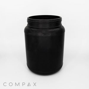 A black, cylindrical plastic container with a screw-on lid is empty and placed against a plain white background. The word "COMPAX" appears in the lower left corner in gray text.