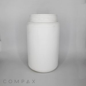 A white, cylindrical plastic container with a screw-on lid, placed against a plain, light gray background. The container has no visible labels or markings, and the word "COMPAX" is faintly visible in the bottom left corner.