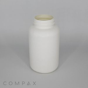 A plain, white, cylindrical plastic bottle with a wide screw-on opening, placed against a neutral gray background. The branding "COMPAX" is visible at the bottom left corner of the image.