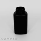 A black, rectangular plastic bottle with a screw-top opening is centered against a plain white background. The word "COMPAX" is visible in small letters near the bottom left corner of the image.