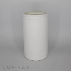 A cylindrical, white plastic container with an open top, displayed against a plain grey background. The container has a smooth surface and no visible label or markings. The word "COMPAX" is written in small, grey letters in the bottom left corner.