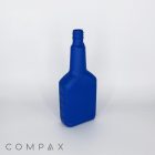 A blue, empty, rectangular plastic bottle with a narrow neck and ridged grips, standing upright on a plain white background. The word "COMPAX" is faintly visible in the bottom left corner.