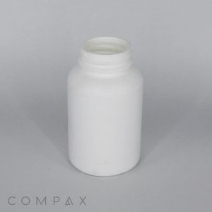 A plain white plastic bottle with its cap off, standing upright against a light gray background. The bottle is cylindrical with a slightly wider base and a narrower neck. The logo "COMPAX" is visible in the bottom left corner.