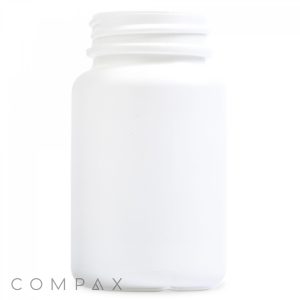 An empty 100cc HDPE Vitamin Packer, a white plastic bottle with a screw-on cap, is positioned against a plain white background. The logo "COMPAX" is visible at the bottom left corner of the image.
