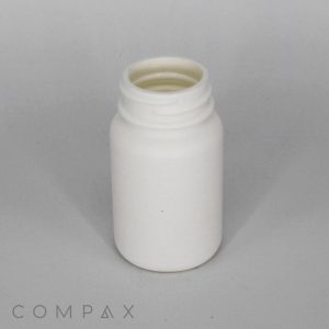A small, white plastic bottle with a wide neck and no cap is displayed against a plain, light gray background. The base of the bottle is cylindrical. The word "COMPAX" is printed at the bottom left corner of the image.