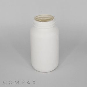 A plain white, cylindrical plastic container with a screw-top opening, shown against a light gray background. The word "COMPAX" is faintly visible in the bottom left corner. The container appears empty and stands upright.