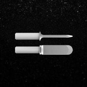 A sleek, metallic TPU Flocking Applicator with a simple cylindrical handle is displayed against a black, speckled background. The applicator's tool is straight and pointed, and it is shown alongside its matching cylindrical sheath.