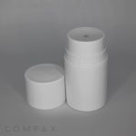 A smooth and clean white cylindrical PP Airless Pump Bottle with a removable cap, positioned to the left, revealing the product inside. The faintly visible brand name "COMPAX" is located in the bottom-left corner against a neutral background.