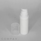 A white cylindrical pump bottle called the "All PP Round Airless Bottle with Pure Pump Spring" is positioned upright against a plain background. The clear removable cap is placed next to the bottle. The word "COMPAX" is written at the bottom-left corner of the image.