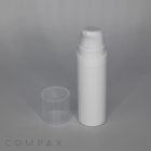 A white All PP Round Airless Bottle with Pure Pump Spring and a transparent cap placed next to it. The bottle is standing upright against a plain gray background with the word "COMPAX" visible in the bottom left corner.