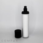 A tall, cylindrical white Double Wall Airless Bottle with a black pump dispenser and a matching black cap placed next to it. The bottle stands upright against a plain white background. The word "COMPAX" is positioned at the bottom left corner in a minimalistic font.