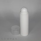 A white cylindrical PP Round Airless Pump Bottle with a transparent cap placed beside it. The brand name "COMPAX" is printed at the bottom of the image. The background is plain gray.