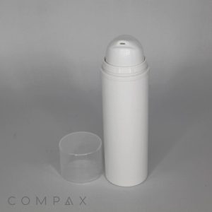 A white cylindrical PP Round Airless Pump Bottle with a transparent cap placed beside it. The brand name "COMPAX" is printed at the bottom of the image. The background is plain gray.