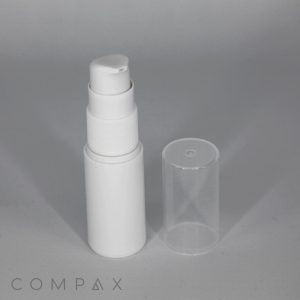 A small white PP Airless Pump Bottle with a transparent cap placed beside it. The bottle is designed for dispensing liquids like lotions or serums. The word "COMPAX" is printed in a modern font at the bottom left corner of the image.