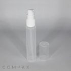 A clear plastic spray bottle, the PP Airless Pump Bottle, stands upright with a white pump nozzle. The translucent cap, removed from the nozzle, is placed next to the bottle. The bottle has a minimalistic design, and the word "COMPAX" is partially visible in the bottom left corner.