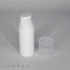 A small, white cylindrical All PP Round Airless Bottle with Pure Pump Spring and a transparent plastic cap, sitting next to it on a gray surface. The word "COMPAX" is visible in gray at the lower left corner.