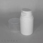 A PP Airless Pump Bottle with Overcap, featuring a white cylindrical design and push-down dispenser, is displayed against a gray background. The bottle's removable clear plastic cap is positioned beside it, and the word "COMPAX" can be seen at the bottom left corner of the image.