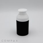 A small black and white "PP Airless Pump Bottle" with a pump dispenser top is set against a plain light gray background. The bottle appears to be for a personal care product. The word "COMPAX" is visible in the bottom left corner of the image.