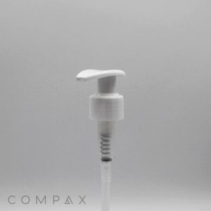 Against a plain, light gray backdrop, the Curved Pump is showcased. This white plastic pump dispenser features a visible spring mechanism inside. The word "COMPAX" can be subtly seen in gray letters at the bottom left corner of the image.