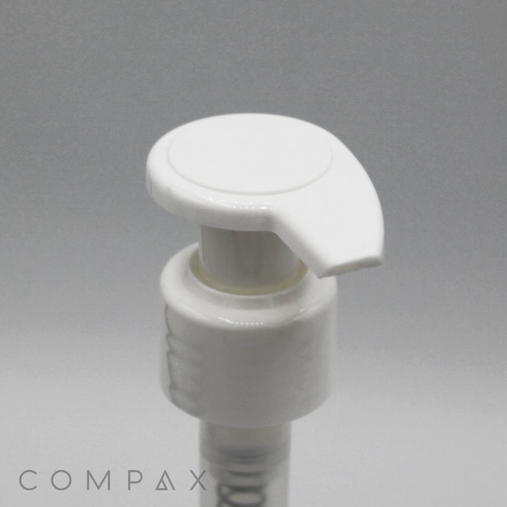 A close-up image shows a white plastic pump dispenser, labeled "Hook Pump," against a neutral background. The pump is slightly pressed down, and the word "COMPAX" is faintly visible in the bottom left corner.