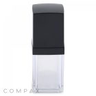 A square, clear container with a black lid, designed for storing household items. The product is called "Square Double Wall Airless Bottle," and the "COMPAX" logo is displayed in small, gray text on the bottom left corner. The transparent body shows the contents inside, and the black lid provides a sleek, modern aesthetic.