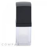 A square, clear container with a black lid, designed for storing household items. The product is called "Square Double Wall Airless Bottle," and the "COMPAX" logo is displayed in small, gray text on the bottom left corner. The transparent body shows the contents inside, and the black lid provides a sleek, modern aesthetic.