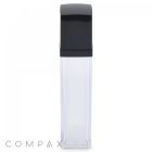 A Square Double Wall Airless Bottle with a black lid on top is shown. The bottle is tall, slim, and made of clear plastic. The word "COMPAX" is written in light grey lowercase letters at the bottom left corner of the image.