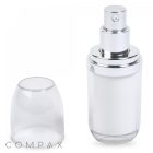 A Double Wall Airless Bottle, featuring a white and silver design with a transparent cap positioned beside it. This bottle is ideal for dispensing lotions or serums, and the word "COMPAX" appears at the bottom left corner.