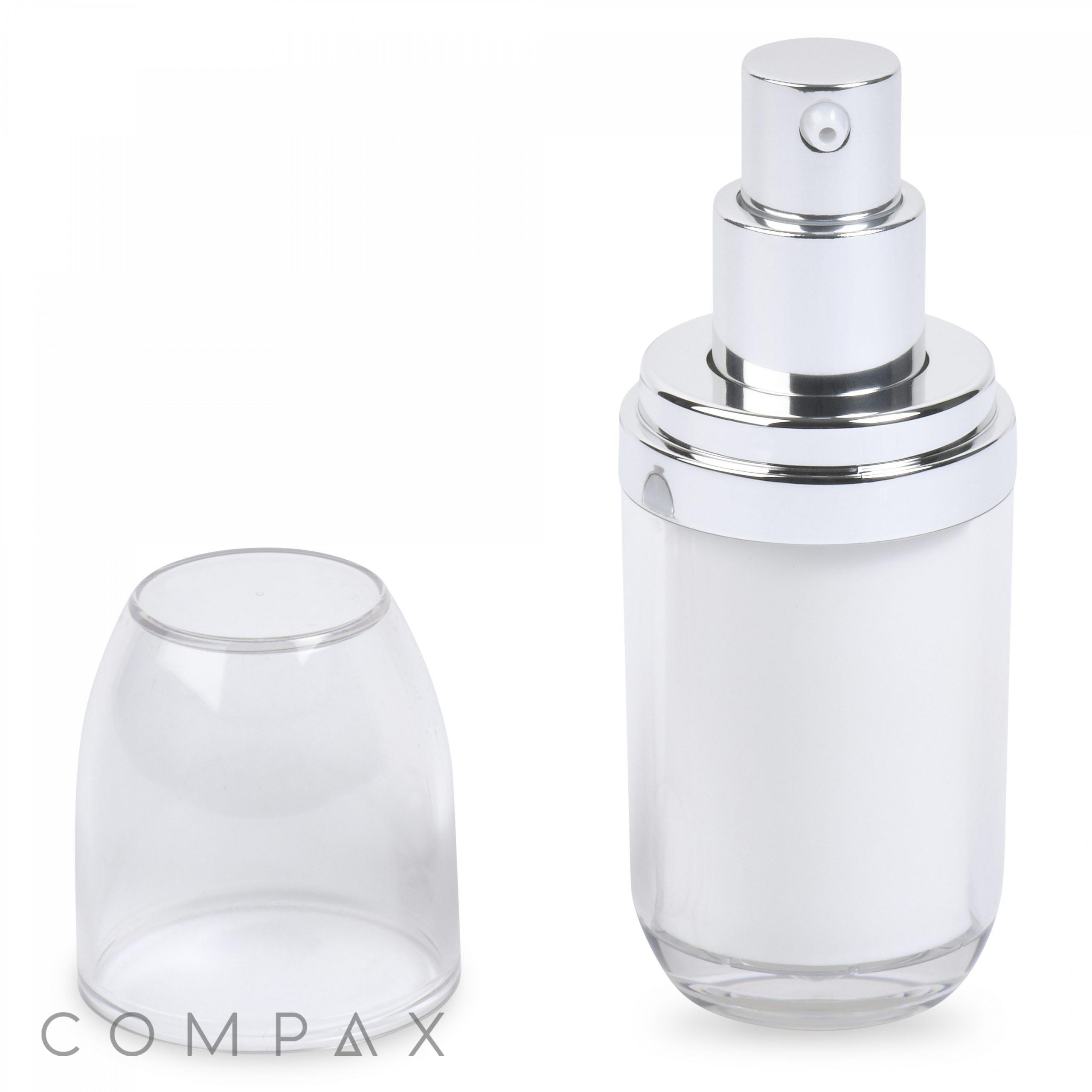 A Double Wall Airless Bottle, featuring a white and silver design with a transparent cap positioned beside it. This bottle is ideal for dispensing lotions or serums, and the word "COMPAX" appears at the bottom left corner.