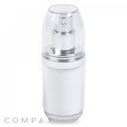 This Double Wall Airless Bottle features a sleek and modern white and silver design, complete with a clear cap. Ideal for dispensing skincare or cosmetic products, the bottle showcases the brand name "COMPAX" in small grey letters at the bottom left corner of the image.