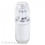 This Double Wall Airless Bottle features a sleek and modern white and silver design, complete with a clear cap. Ideal for dispensing skincare or cosmetic products, the bottle showcases the brand name "COMPAX" in small grey letters at the bottom left corner of the image.