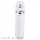 A sleek, white cylindrical bottle with a silver pump top and clear cap featuring the word "COMPAX" at the base, identified as the Double Wall Airless Bottle, ideal for cosmetic or skincare products.