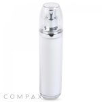 A sleek, white cylindrical bottle with a silver pump top and clear cap featuring the word "COMPAX" at the base, identified as the Double Wall Airless Bottle, ideal for cosmetic or skincare products.