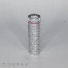 A sleek, cylindrical bottle with a reflective silver finish and a quilted pattern on its surface, standing upright against a plain background. The bottle features a red ring near the top and the word "COMPAX" is visible at the bottom left corner of the image. This elegant packaging is for Round Textured Lipstick.