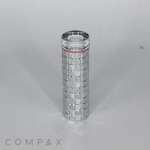 A sleek, cylindrical bottle with a reflective silver finish and a quilted pattern on its surface, standing upright against a plain background. The bottle features a red ring near the top and the word "COMPAX" is visible at the bottom left corner of the image. This elegant packaging is for Round Textured Lipstick.