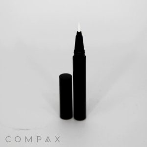A "Round Precision Application Pen" with a black body and a thin white applicator tip is shown against a white background. The pen, which is standing upright, has its cap placed beside it. The brand name "COMPAX" is visible at the bottom left corner of the image.