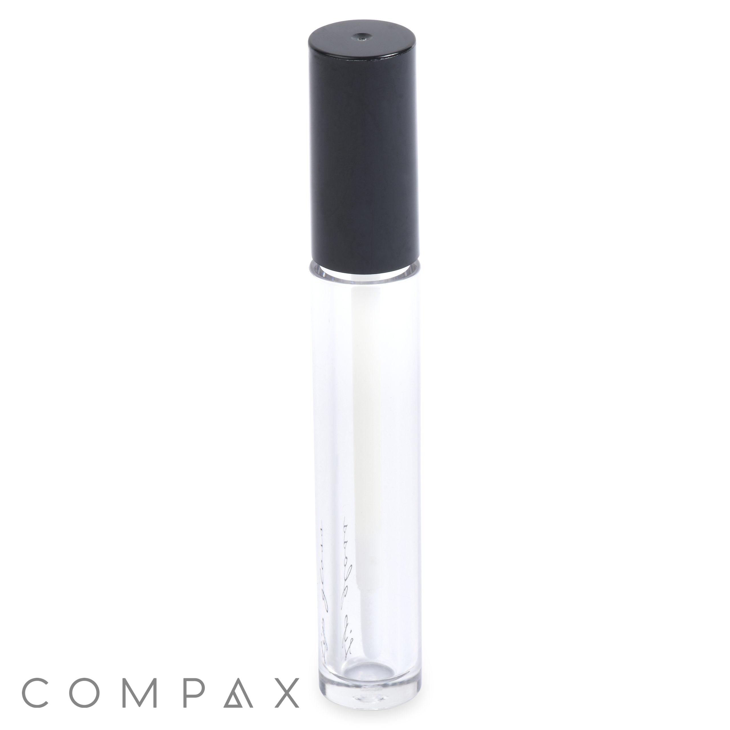 A clear 5mL lip gloss bottle with a black cap, labeled "COMPAX" near the bottom, is standing upright against a white background.