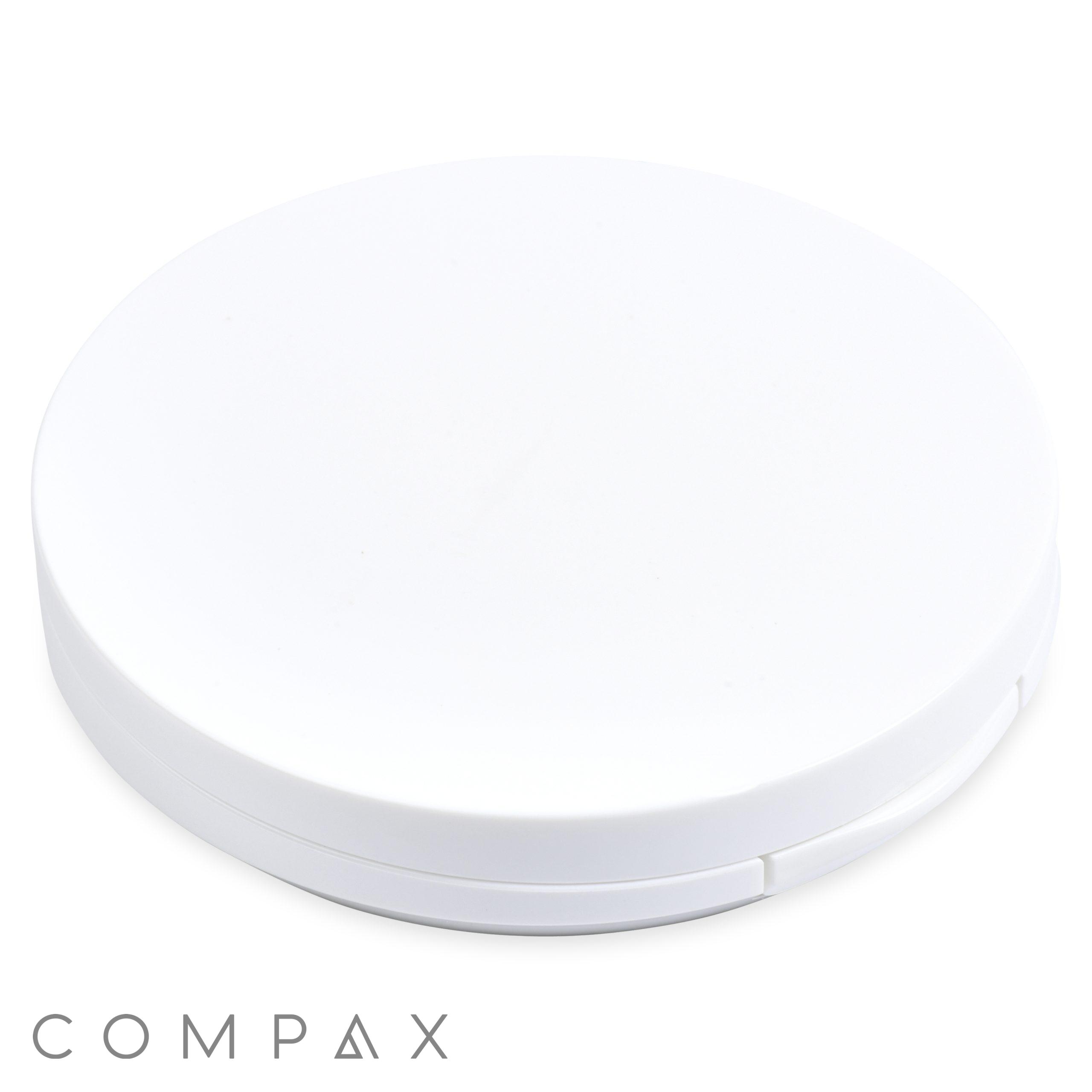 A Single Well Round Compact with Mirror, featuring a round, white design and the brand name "COMPAX" displayed in light gray text at the bottom left corner. The case boasts a simple and minimalist aesthetic against a plain white background.