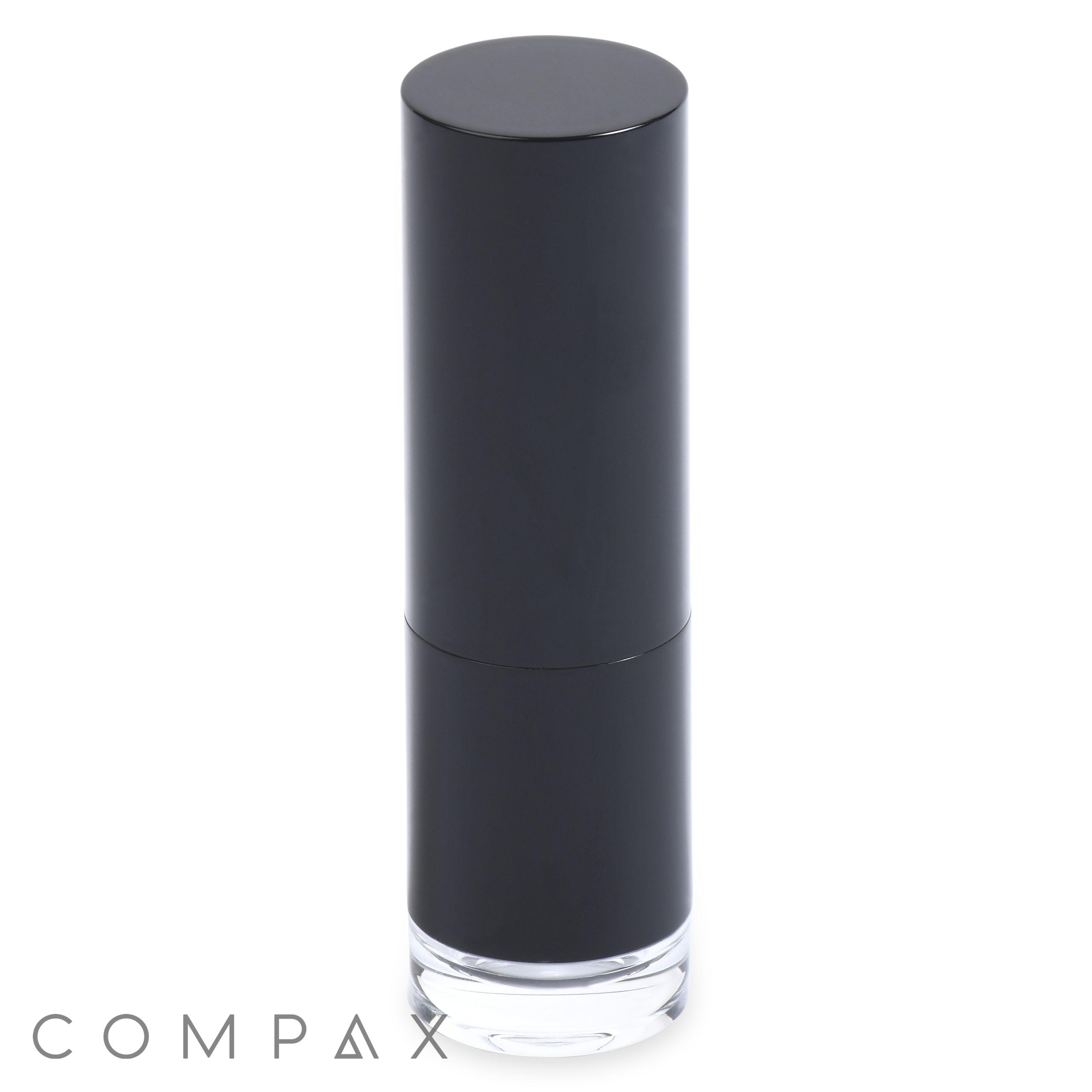 A sleek, cylindrical black bottle with a glossy finish and a transparent base. The bottle has a simple, modern design and is likely the Round Lipstick product. The word "COMPAX" is written in light gray at the bottom left corner, indicating the brand name.