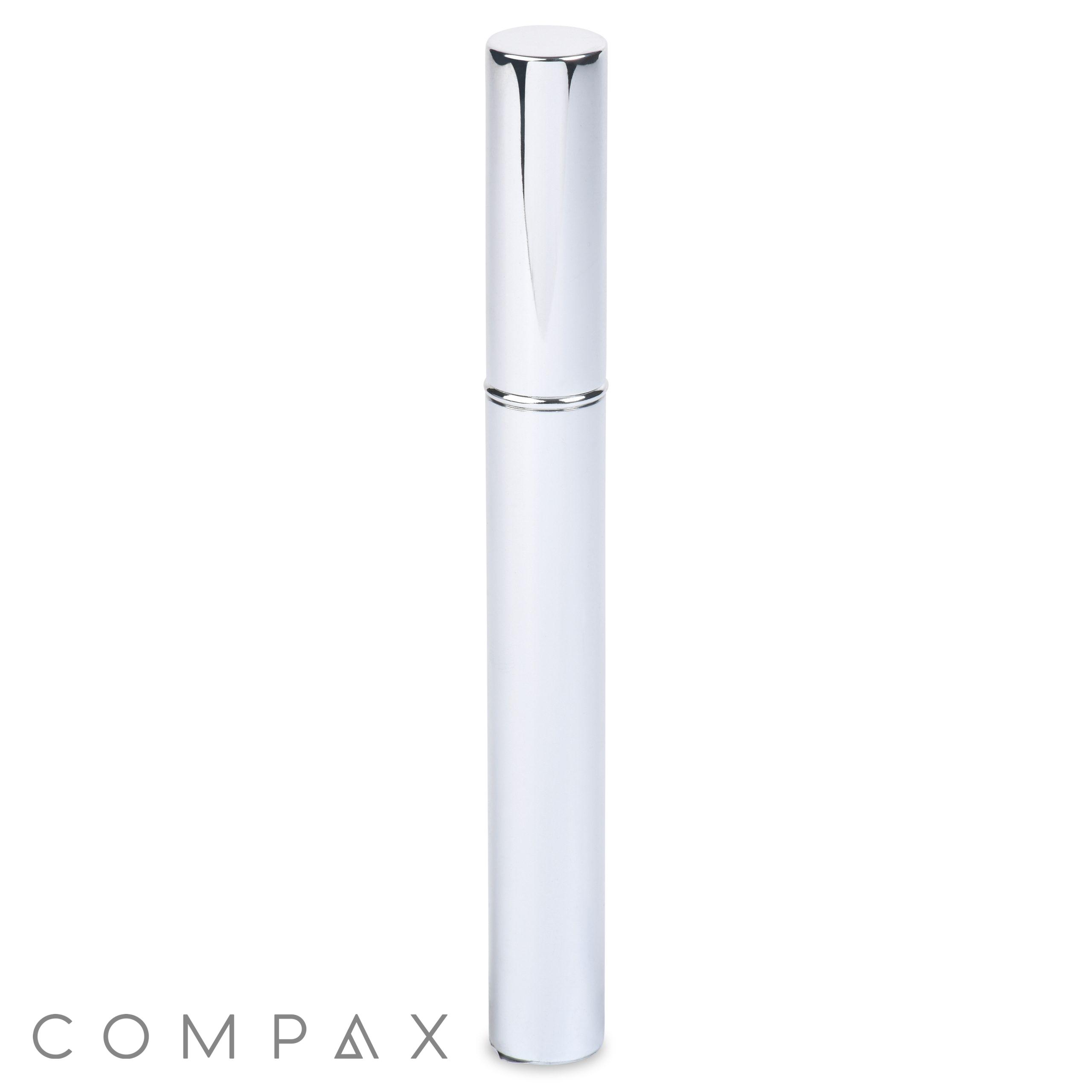 A sleek silver Round Mascara Bottle with a glossy finish, perfect for cosmetics like mascara or eyeliner. The tube has a smooth, metallic appearance. The brand name "COMPAX" is displayed in light gray letters at the bottom left corner.