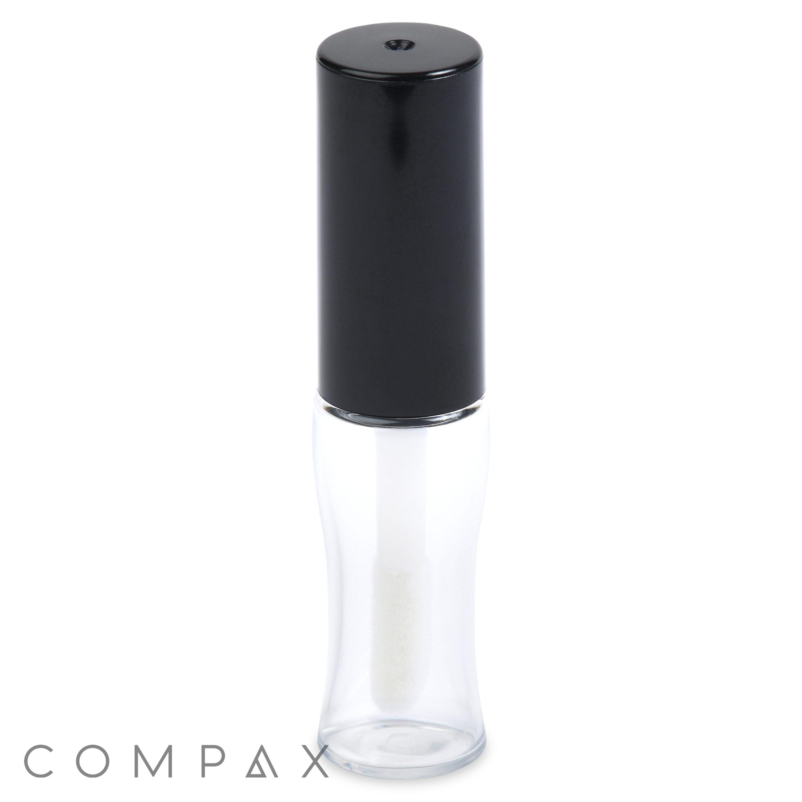 A clear and cylindrical Mini Lip Gloss Bottle with a black cap. The lower part of the bottle holds the lip gloss, while the upper part with the applicator is encased in the black cap. The word "COMPAX" is written at the bottom left of the image.