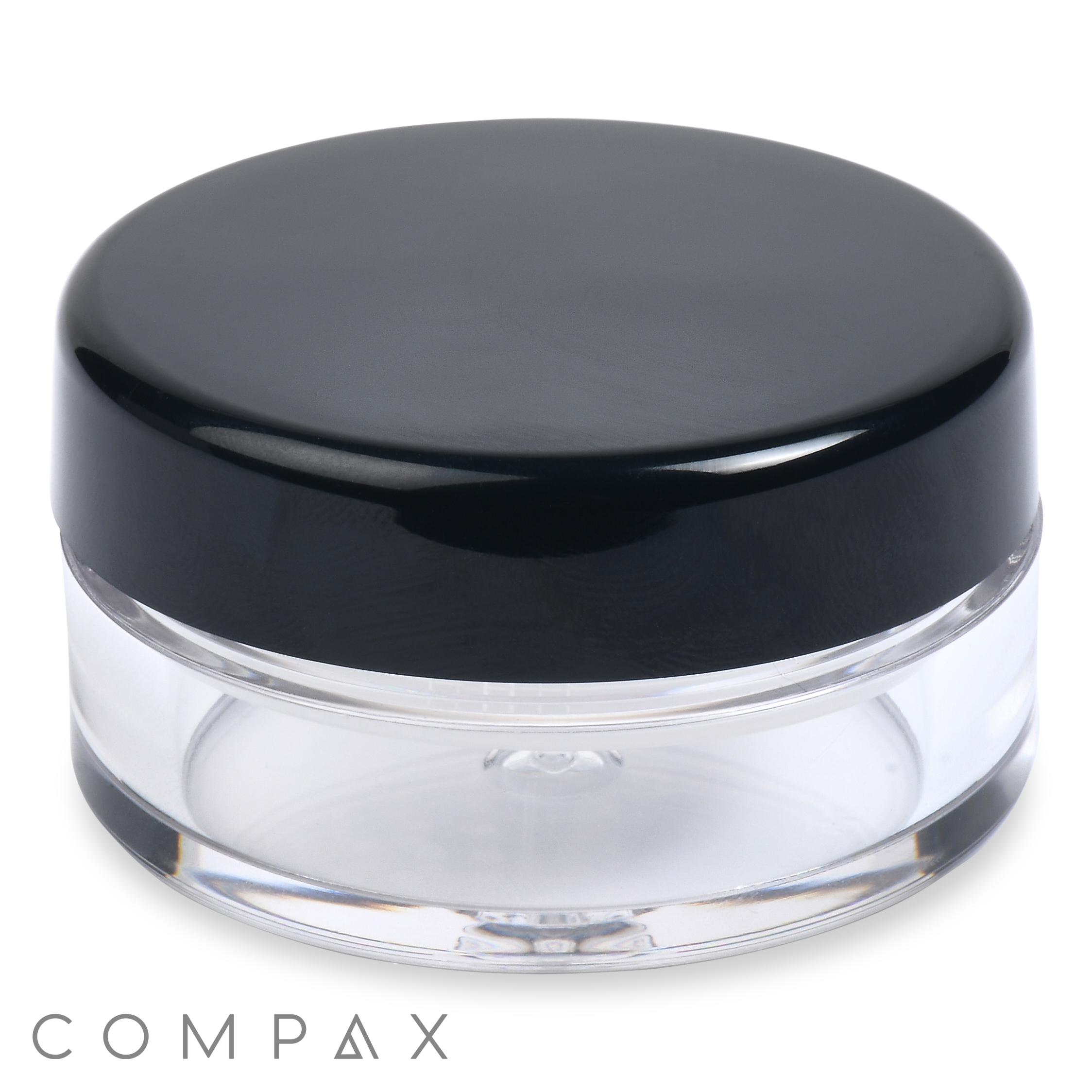 An 8ml clear plastic Powder Sifter Jar with a black lid, suitable for cosmetics or cream. The word "COMPAX" is visible at the bottom left of the image.