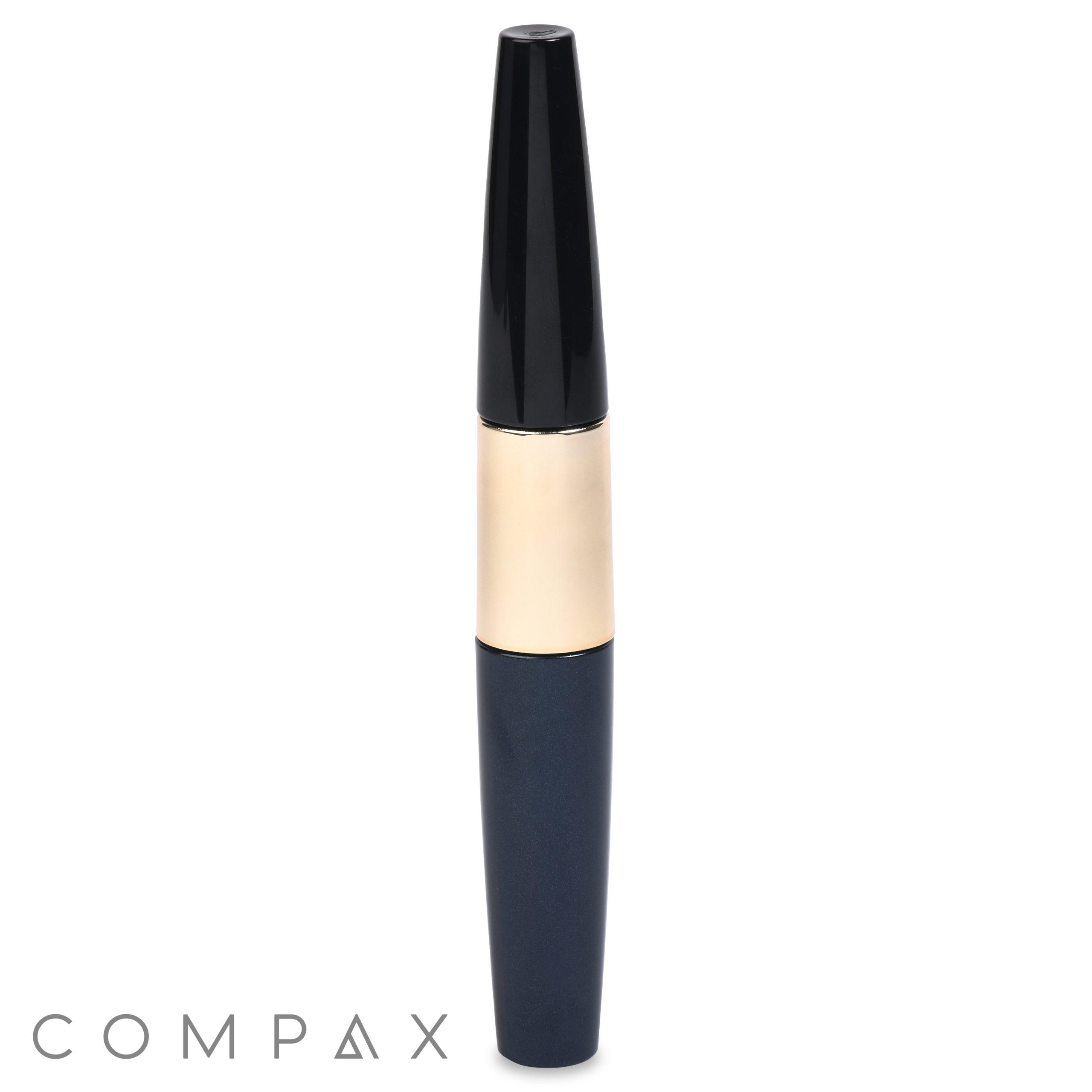 A sleek Dual Fluted Round Mascara Bottle with a black cap and base, elegantly joined by a gold band in the middle. The word "COMPAX" is displayed in light gray at the bottom left corner.