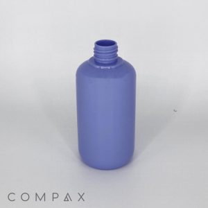 A compact, cylindrical, purple plastic bottle made from PET with a screw-top opening, displayed against a plain white background. The bottom left corner features the text "COMPAX" in gray. The 250mL round bottle showcases a simple, minimalistic design.
