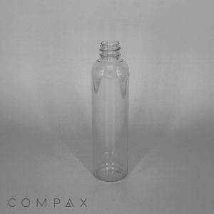 A clear, empty 110mL Round PET Bottle stands upright against a plain, light gray background. The bottle has a cylindrical shape with straight sides and a narrow neck. The word "COMPAX" is discreetly displayed in the bottom left corner.