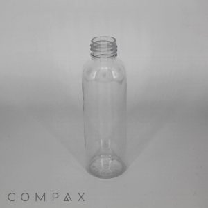 A clear, empty 120mL round PET bottle with a screw top opening is centered against a plain, light background. The branding "COMPAX" is visible in the bottom left corner.